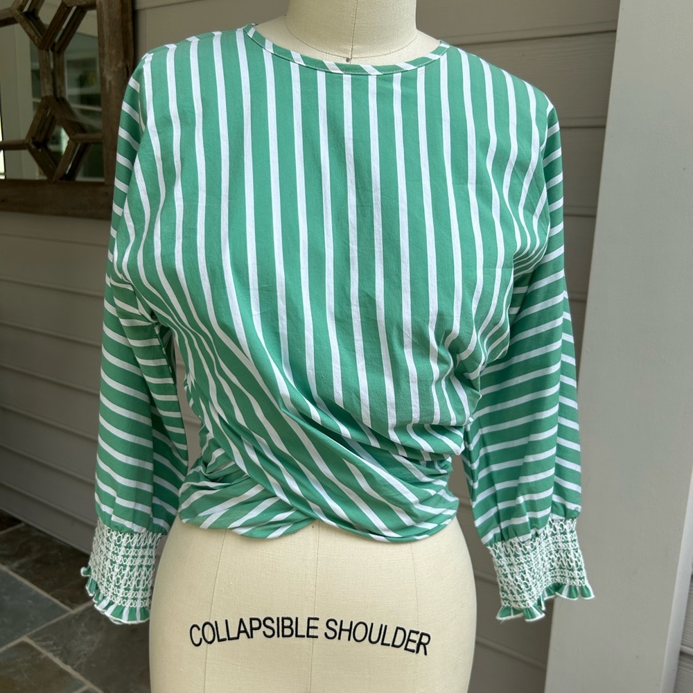 Tanya Taylor Faux Wrap Cotton blend Shirt Green White Stripe Size 4. Retail $358